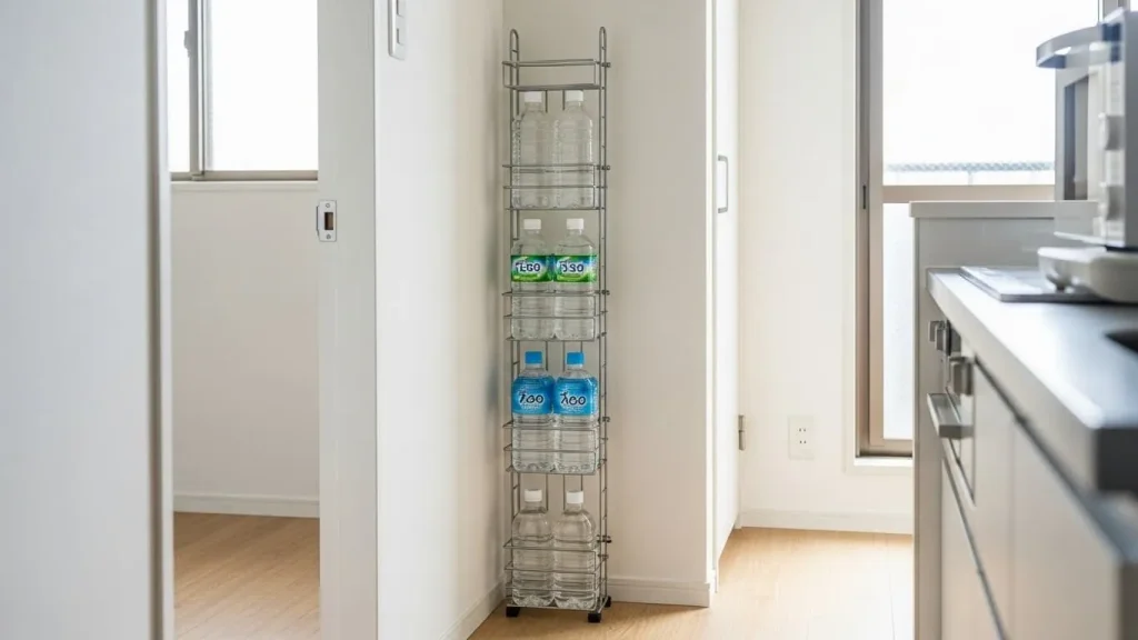 水ストックはラックで省スペース